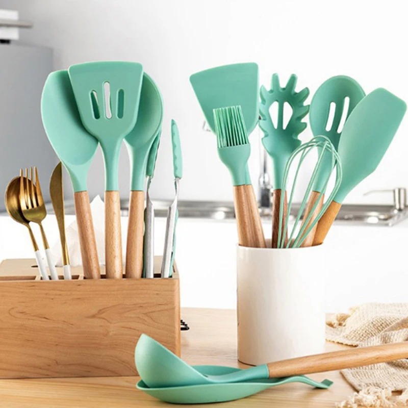 Silicone Cooking Kitchen Utensils Set Bamboo Wooden Handles Cooking Tools - Image 2