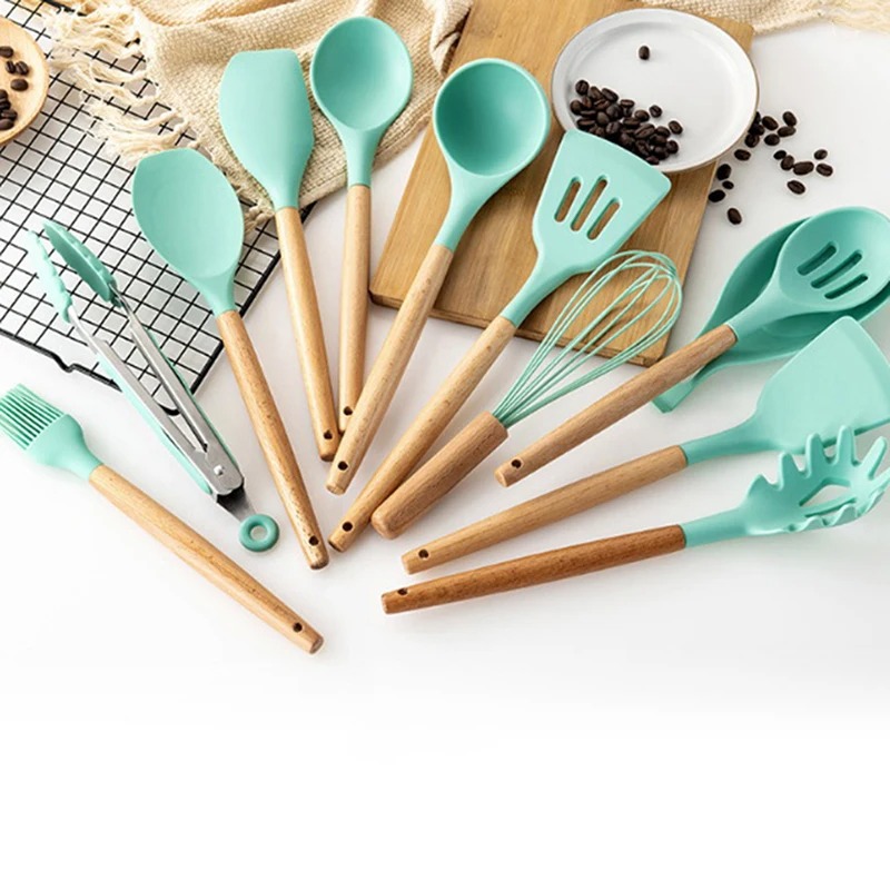 Silicone Cooking Kitchen Utensils Set Bamboo Wooden Handles Cooking Tools - Image 3